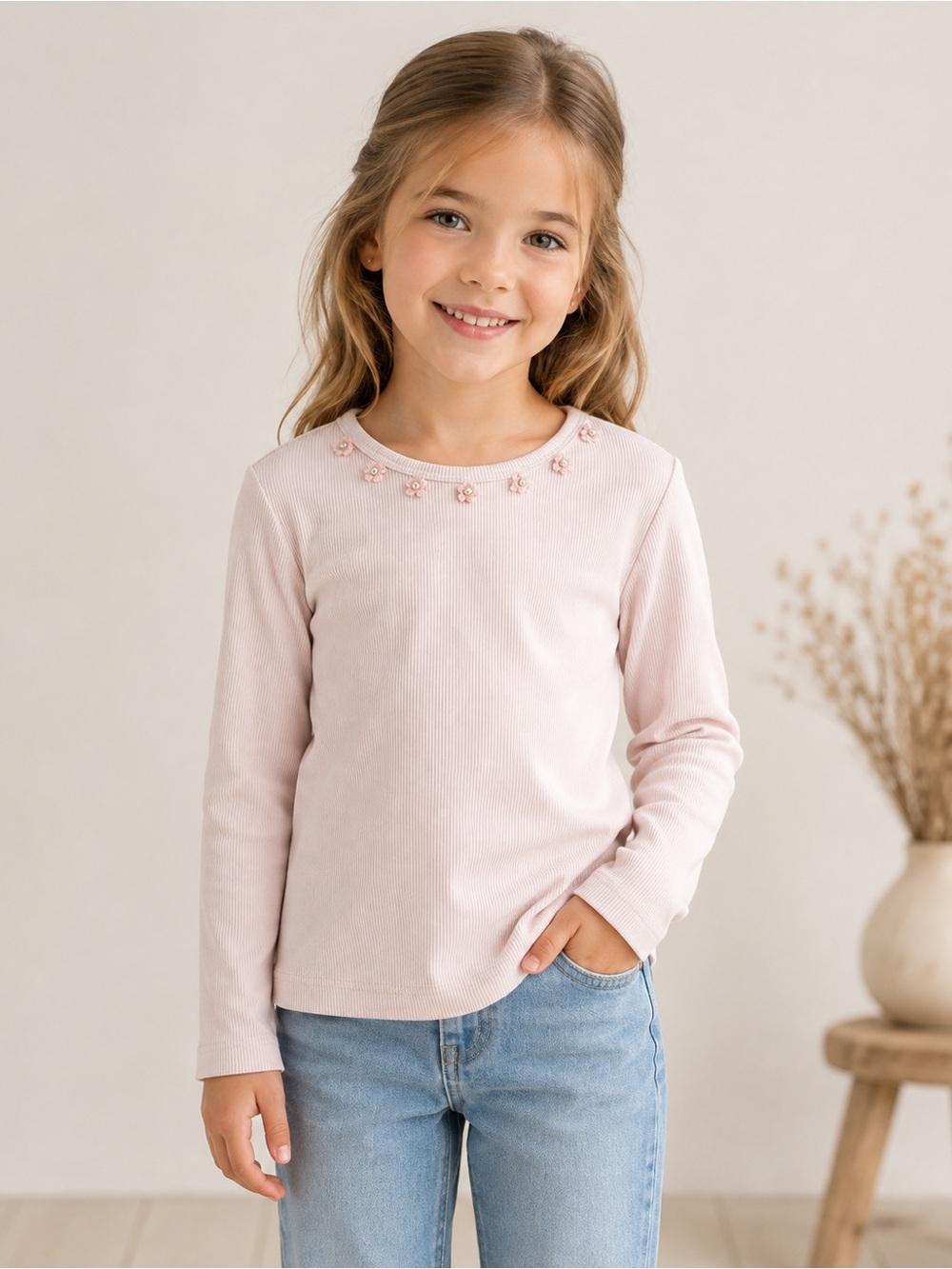 Zara Girls Pink Ribbed Long Sleeve Floral Embellished Top Size 6/7 120 cm